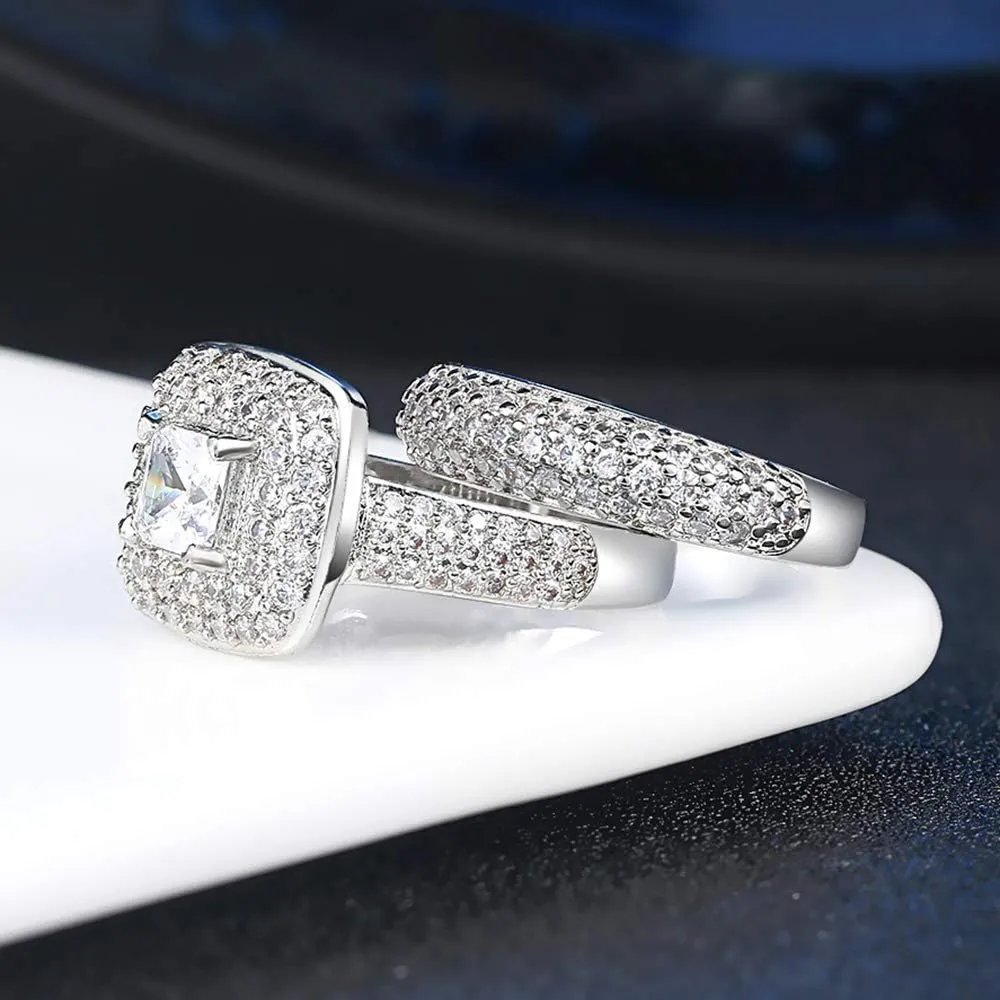 Double Fair 2 Piece Wedding Ring for Women 1 Carat Princess Cut Cubic Zirconia Engagement Promise Bridal silver Band Fashion Cute White Gold Plated Ring Set Gift Jewelry