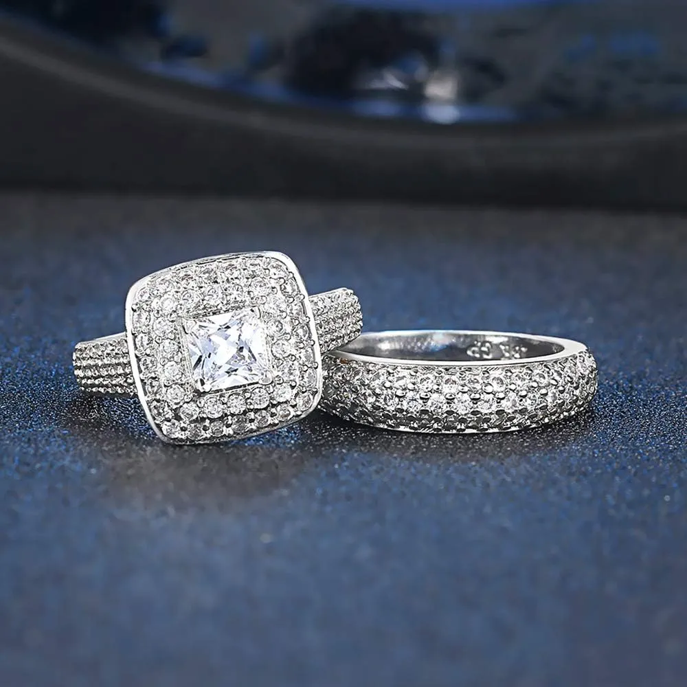Double Fair 2 Piece Wedding Ring for Women 1 Carat Princess Cut Cubic Zirconia Engagement Promise Bridal silver Band Fashion Cute White Gold Plated Ring Set Gift Jewelry
