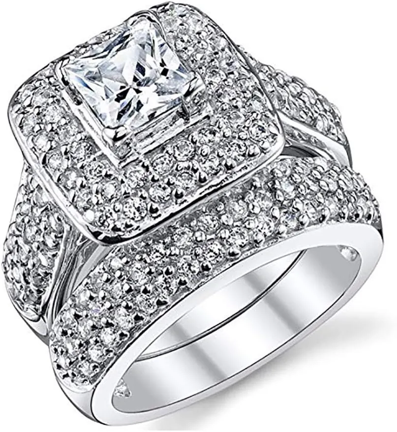 Double Fair 2 Piece Wedding Ring for Women 1 Carat Princess Cut Cubic Zirconia Engagement Promise Bridal silver Band Fashion Cute White Gold Plated Ring Set Gift Jewelry