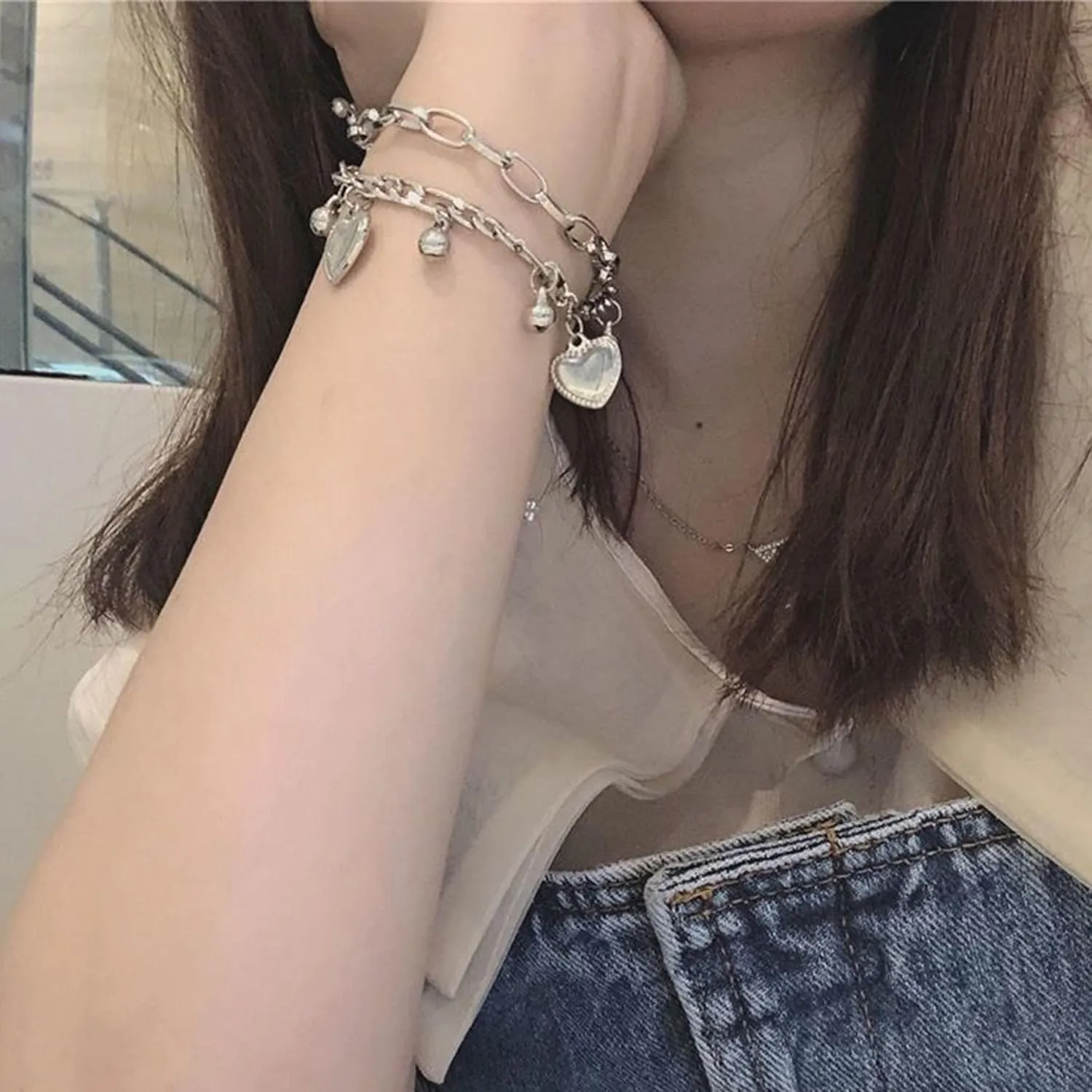 Double Layered Heart Pendant Bracelet for Women Gold Stainless Steel Multi Chains Bracelet with Ball and Heart Jewelry