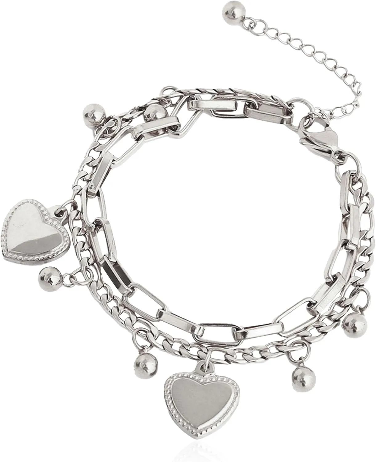 Double Layered Heart Pendant Bracelet for Women Gold Stainless Steel Multi Chains Bracelet with Ball and Heart Jewelry
