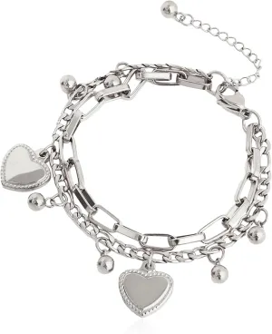 Double Layered Heart Pendant Bracelet for Women Gold Stainless Steel Multi Chains Bracelet with Ball and Heart Jewelry