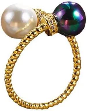 Double Pearl Open Wrap Statement Ring for Women Gold Cubic Zirconia Adjustable Fashion Trendy Two Pearls Knuckle Finger Cuff Band Twisted Rings Stacking Prom Engagement Promise Wedding Jewelry for Her