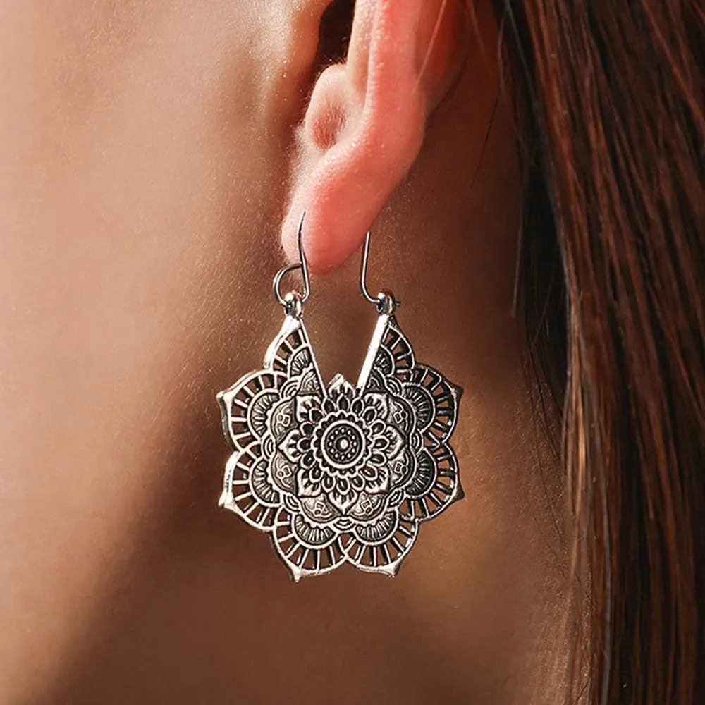 DoubNine Ethnic Gypsy Earrings Antique Flower Dangle Retro Earrings Vintage Style Wedding Bridal Bohemian Jewelry