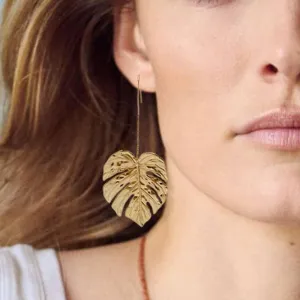 Doubnine Palm Leaf Earrings Large Monstera Gold Line Dangle Earrings Bohemian Summer Festvial Jewelry for Women