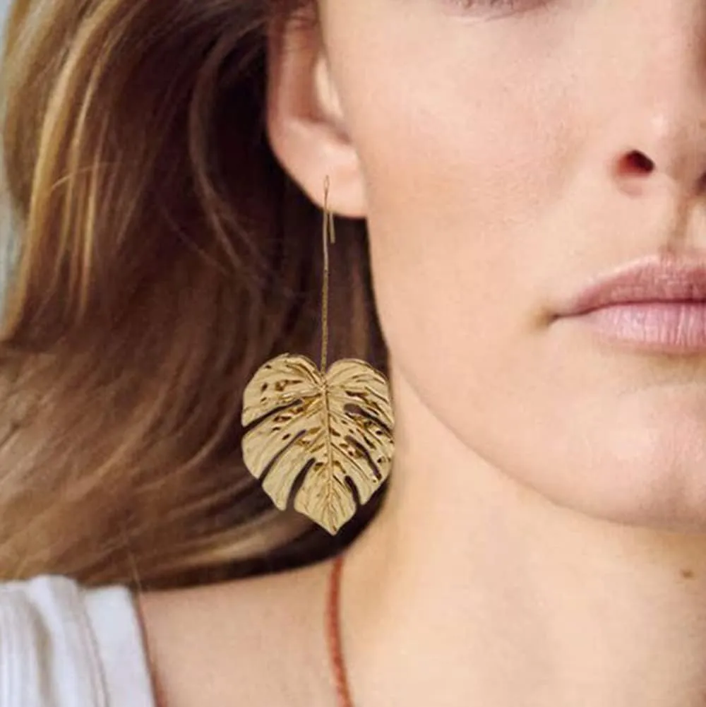 Doubnine Palm Leaf Earrings Large Monstera Gold Line Dangle Earrings Bohemian Summer Festvial Jewelry for Women