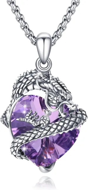 Dragon Necklace for Women 925 Sterling Silver Oxide Dragon Pendant Necklace Birthstone Necklace Retro Jewelry Gift for Women