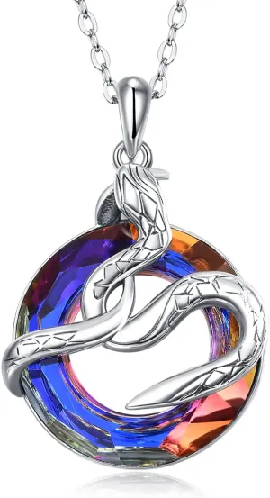 Dreamboat Snake Necklace for Women 925 Sterling Silver Blue Circle Crystal Snake Pendant Necklaces Snake Jewelry for Women Snake Lovers Gifts