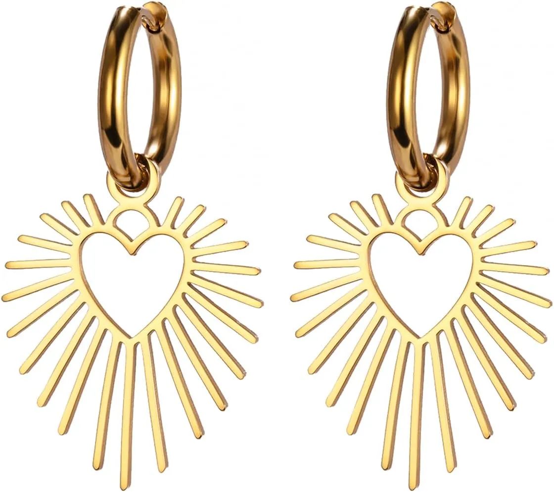 Dreamtimes Geometric Heart Sun Pendant Drop Earrings Stainless Steel Women Hoop Earring Sun Hoop Earrings Hypoallergenic Earrings for Women