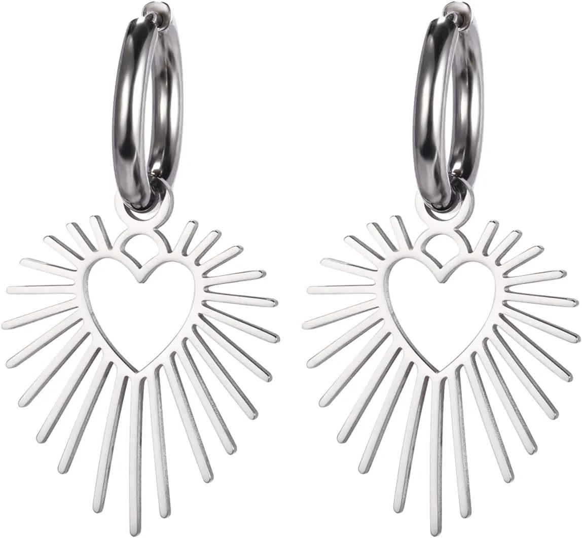 Dreamtimes Geometric Heart Sun Pendant Drop Earrings Stainless Steel Women Hoop Earring Sun Hoop Earrings Hypoallergenic Earrings for Women