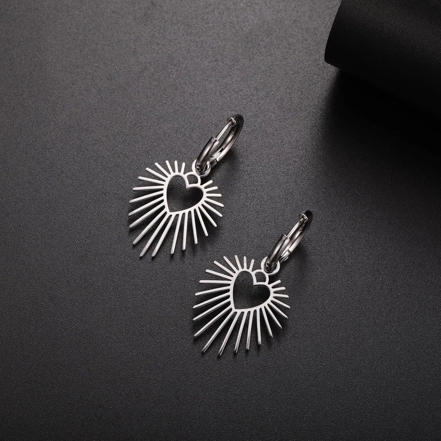 Dreamtimes Geometric Heart Sun Pendant Drop Earrings Stainless Steel Women Hoop Earring Sun Hoop Earrings Hypoallergenic Earrings for Women