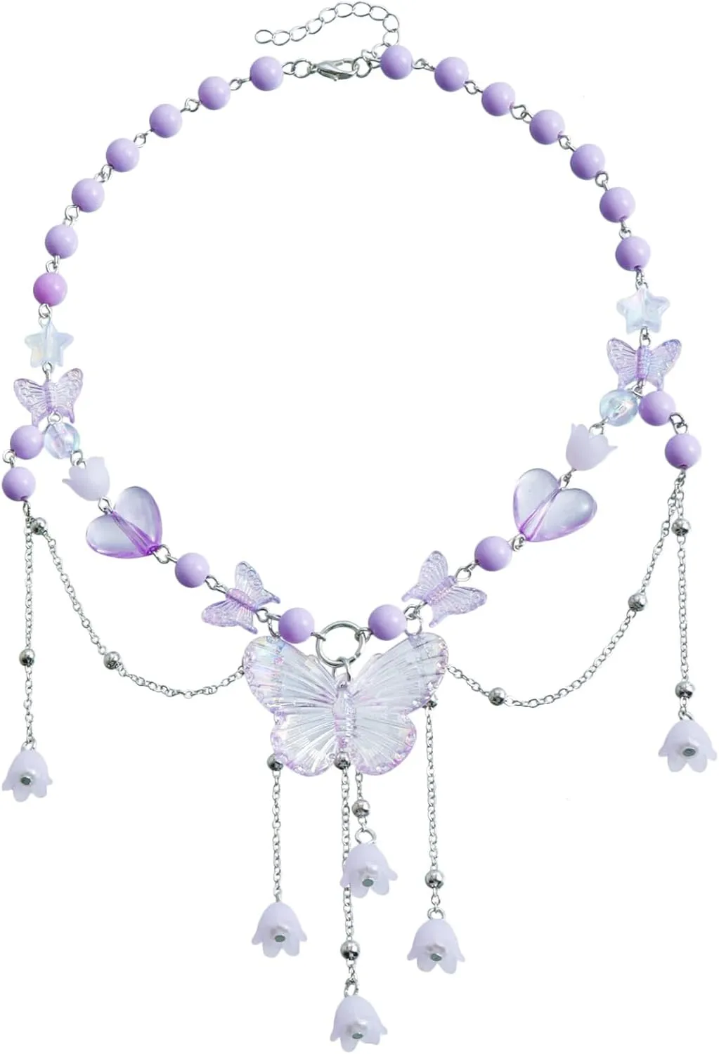 Dreuyet Bohemian Butterfly Tassel Necklace for Women Dainty Resin Y2K Heart Butterfly Choker Charm Crystal Beaded Pendant Necklace Summer Seaside Jewellery