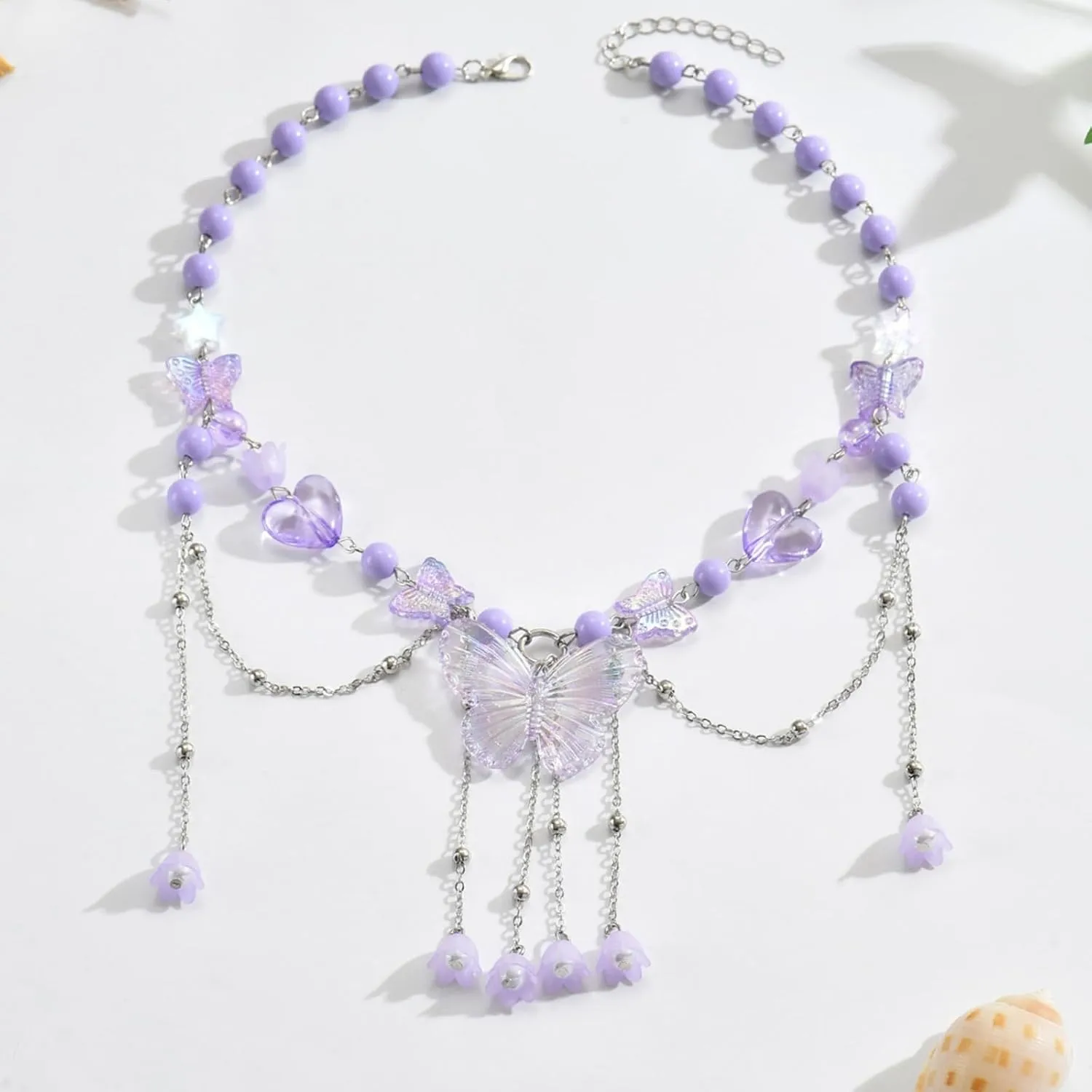 Dreuyet Bohemian Butterfly Tassel Necklace for Women Dainty Resin Y2K Heart Butterfly Choker Charm Crystal Beaded Pendant Necklace Summer Seaside Jewellery