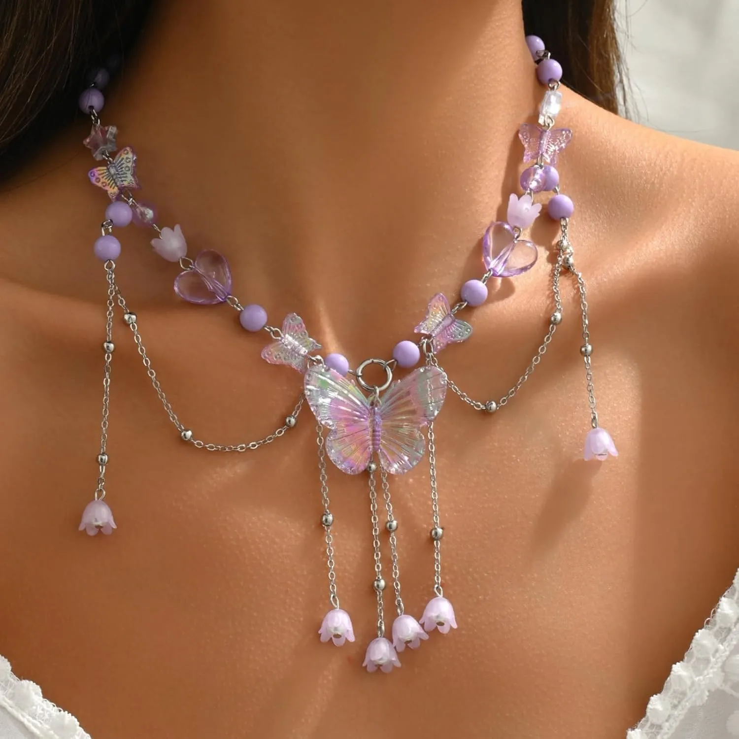 Dreuyet Bohemian Butterfly Tassel Necklace for Women Dainty Resin Y2K Heart Butterfly Choker Charm Crystal Beaded Pendant Necklace Summer Seaside Jewellery