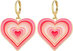 Dreuyet Valentines Day Earrings Love Heart Earrings for Women Red Pink Unique Enamel 14K Gold Plated Y2K Love Heart Dangle Huggie Hoop Earrings Statement Earrings Valentines Day Gifts