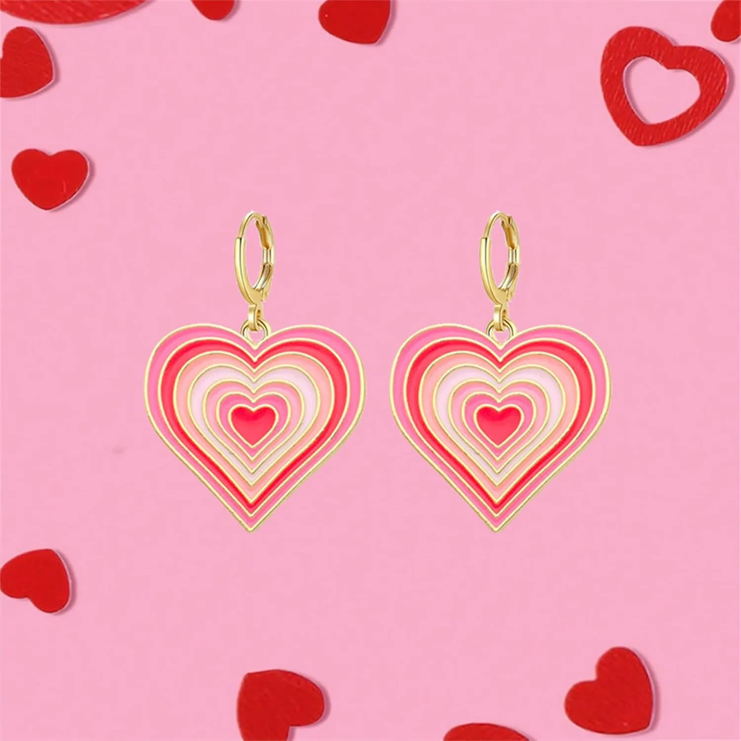Dreuyet Valentines Day Earrings Love Heart Earrings for Women Red Pink Unique Enamel 14K Gold Plated Y2K Love Heart Dangle Huggie Hoop Earrings Statement Earrings Valentines Day Gifts