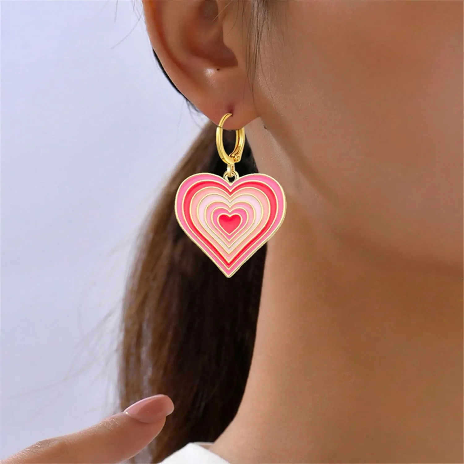 Dreuyet Valentines Day Earrings Love Heart Earrings for Women Red Pink Unique Enamel 14K Gold Plated Y2K Love Heart Dangle Huggie Hoop Earrings Statement Earrings Valentines Day Gifts