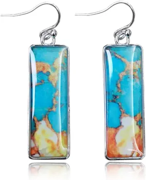 D.Rosse Unique Indian Ethnic Turquoise Square Dangle Drop Earrings Boho Gypsy Retro Colorful Geometric Bar Vintage Silver Hook Earrings for Women Girls