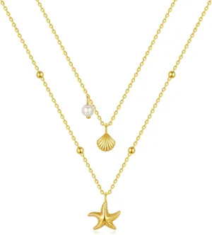 Dr's gift Gold Starfish Necklace Layered Starfish Seashell Pearl Charm Necklace for Women Summer Beach Stack Pendant Necklaces Jewelry for Summer Beach Vacation