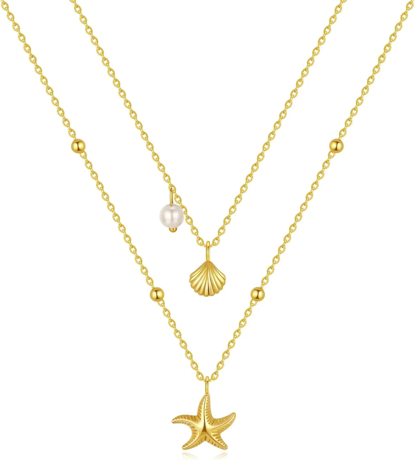 Dr's gift Gold Starfish Necklace Layered Starfish Seashell Pearl Charm Necklace for Women Summer Beach Stack Pendant Necklaces Jewelry for Summer Beach Vacation