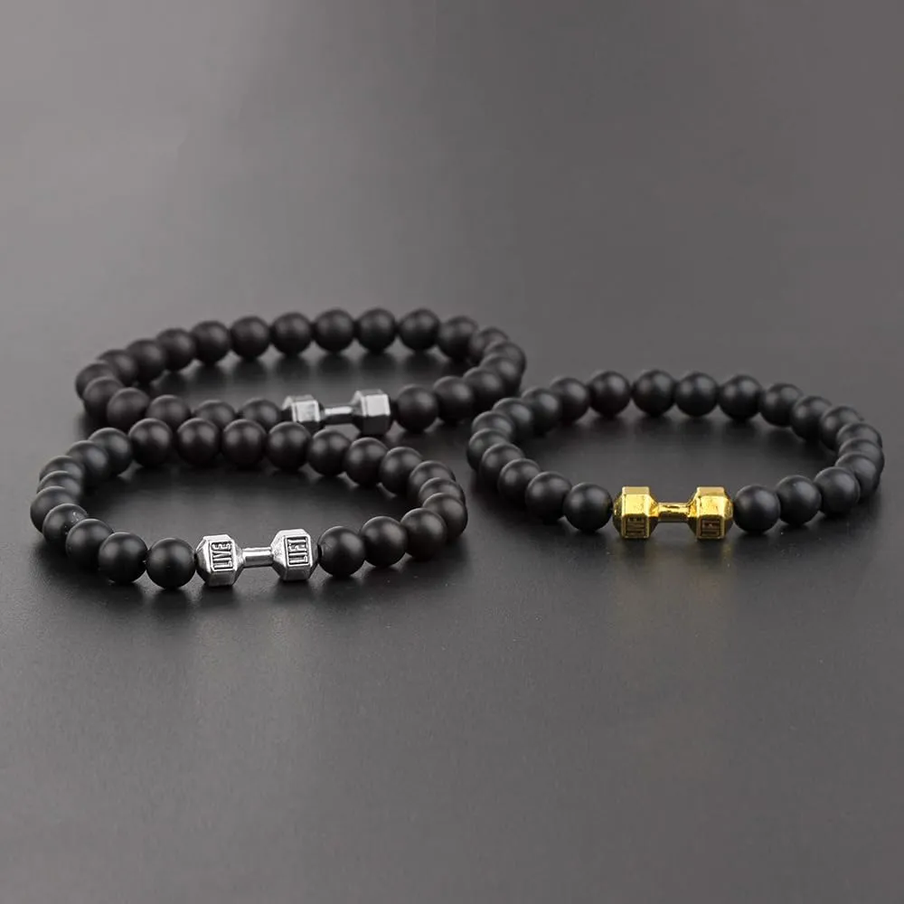 Dumbbell Bracelet For Men Women, 8mm Natural Lava Rock Stone Beaded Gym Weighted Elastic Blessing Bracelets Fashion Charm Jewelry Gifts