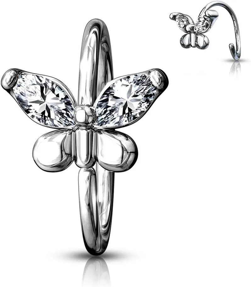 Dynamique CZ Butterfly Bendable Nose Cartilage Hoop Rings (Sold Per Piece)