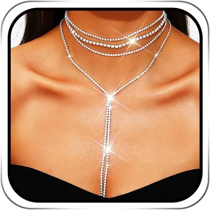 EARENT Rhinestone Layered Choker Necklace Silver Diamond Long Jewelry for Women