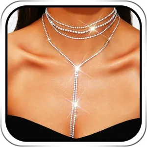 EARENT Rhinestone Layered Choker Necklace Silver Diamond Long Jewelry for Women
