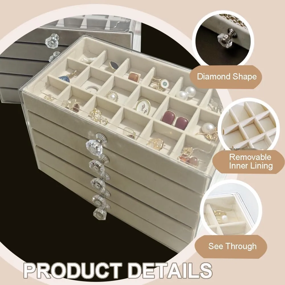 Earring Box Holder Organizer Display Case, Clear Velvet Jewelry Storage Tray Organizer for Earring Ring Stud (Beige - 5 Drawers)
