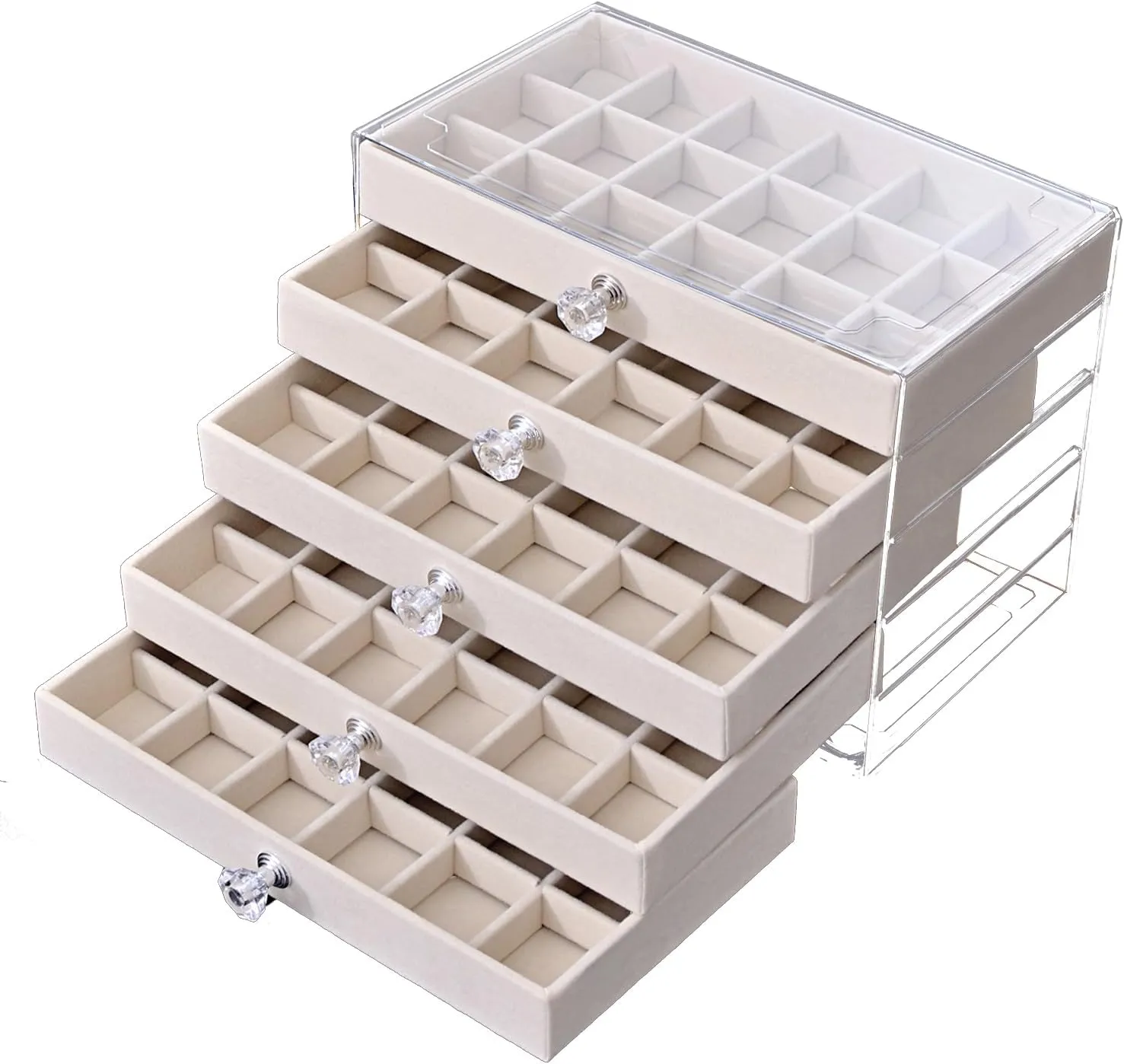Earring Box Holder Organizer Display Case, Clear Velvet Jewelry Storage Tray Organizer for Earring Ring Stud (Beige - 5 Drawers)