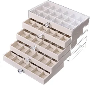 Earring Box Holder Organizer Display Case, Clear Velvet Jewelry Storage Tray Organizer for Earring Ring Stud (Beige - 5 Drawers)