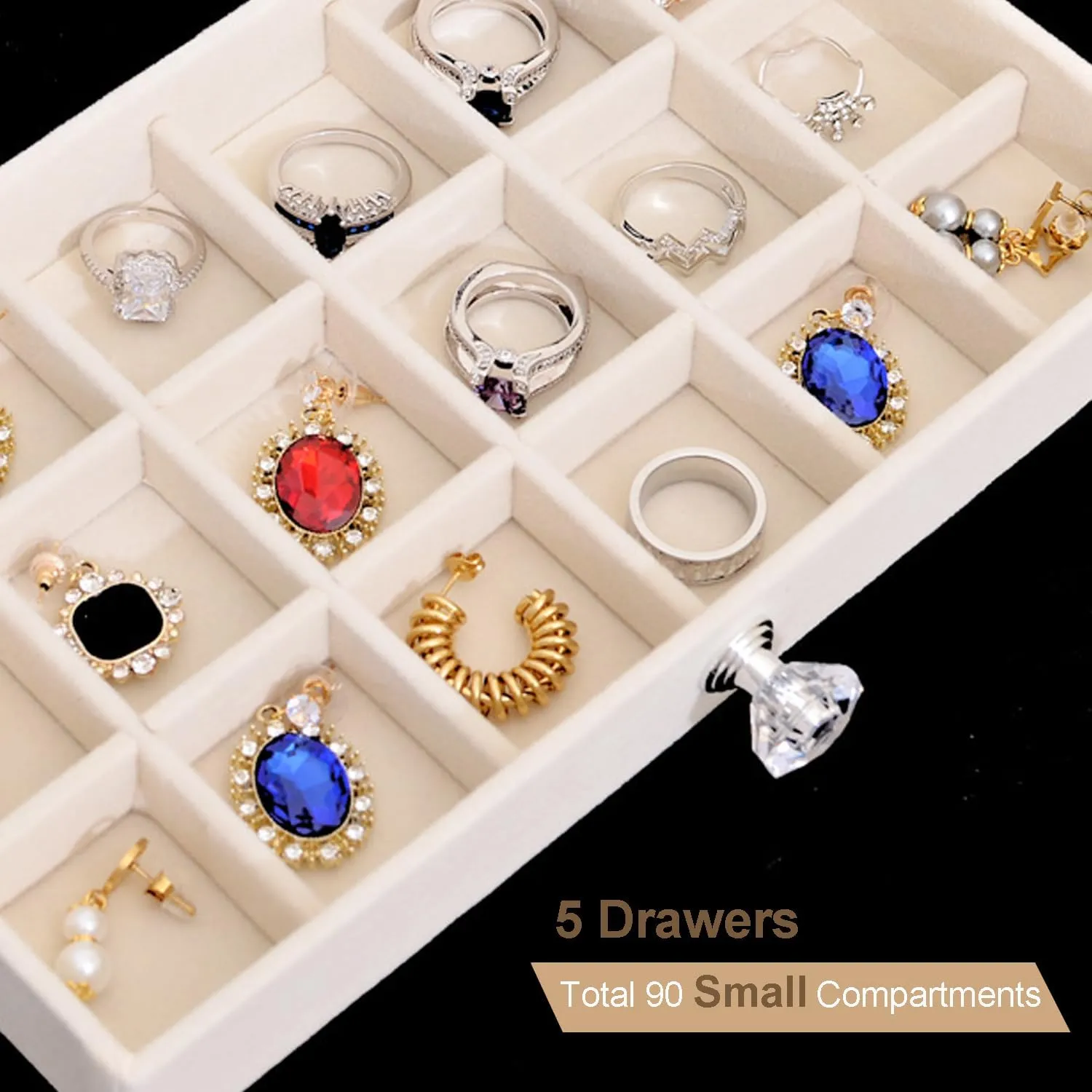 Earring Box Holder Organizer Display Case, Clear Velvet Jewelry Storage Tray Organizer for Earring Ring Stud (Beige - 5 Drawers)