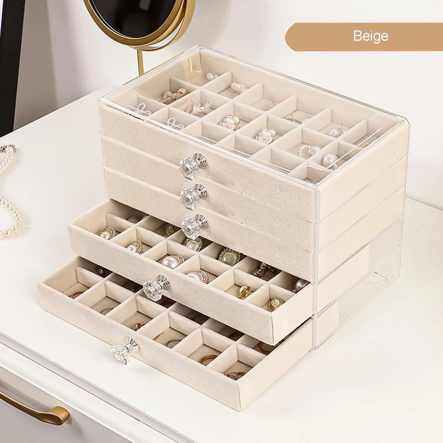 Earring Box Holder Organizer Display Case, Clear Velvet Jewelry Storage Tray Organizer for Earring Ring Stud (Beige - 5 Drawers)