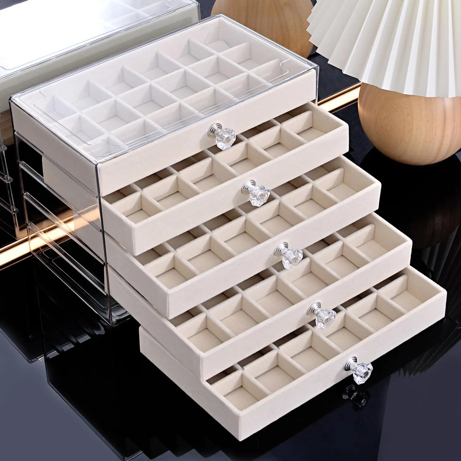 Earring Box Holder Organizer Display Case, Clear Velvet Jewelry Storage Tray Organizer for Earring Ring Stud (Beige - 5 Drawers)