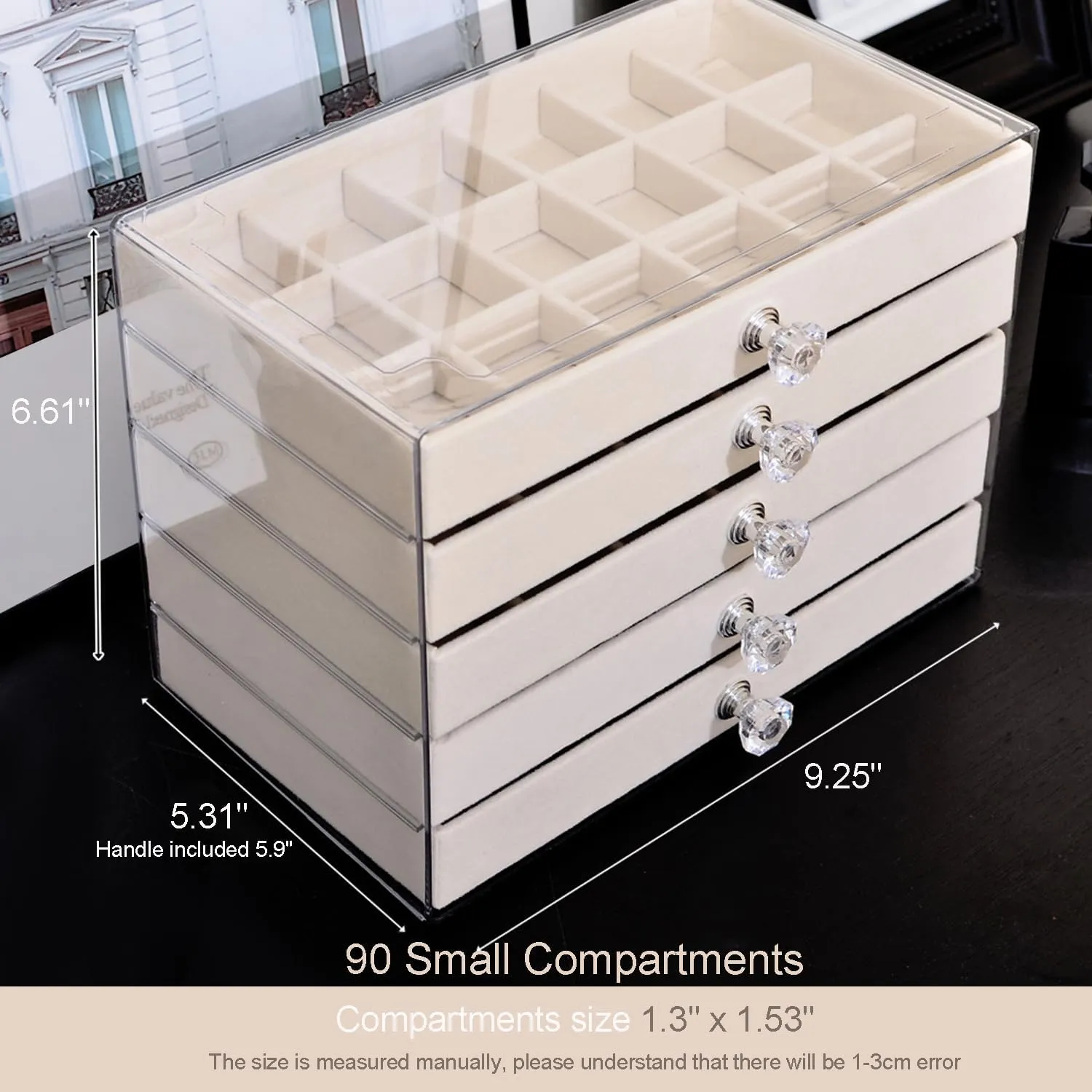 Earring Box Holder Organizer Display Case, Clear Velvet Jewelry Storage Tray Organizer for Earring Ring Stud (Beige - 5 Drawers)