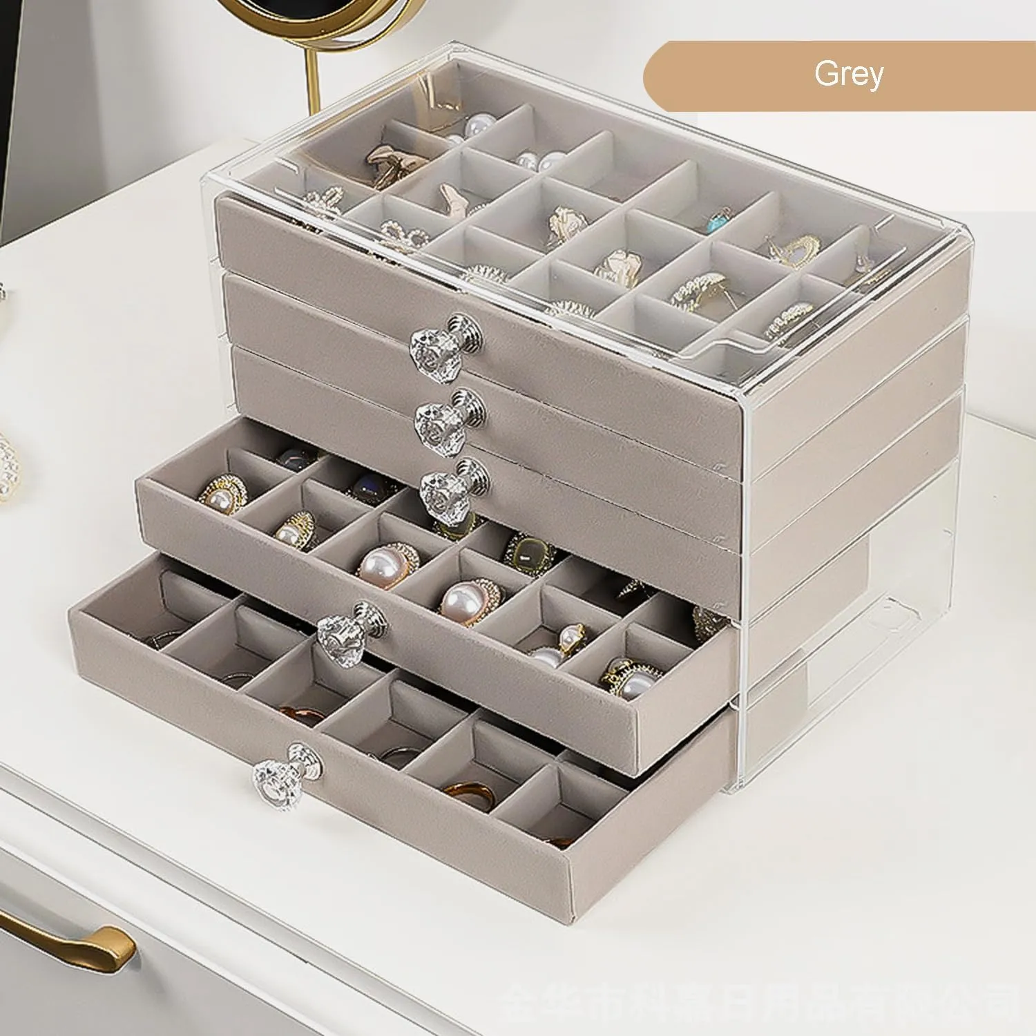 Earring Box Holder Organizer Display Case, Clear Velvet Jewelry Storage Tray Organizer for Earring Ring Stud (Grey - 5 Drawers)