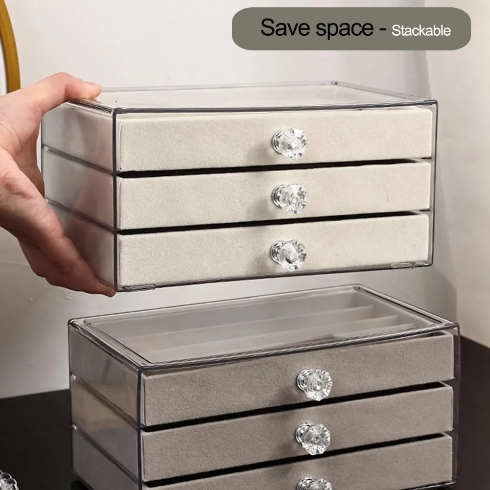 Earring Box Holder Organizer Display Case, Clear Velvet Jewelry Storage Tray Organizer for Earring Ring Stud (Grey - 5 Drawers)