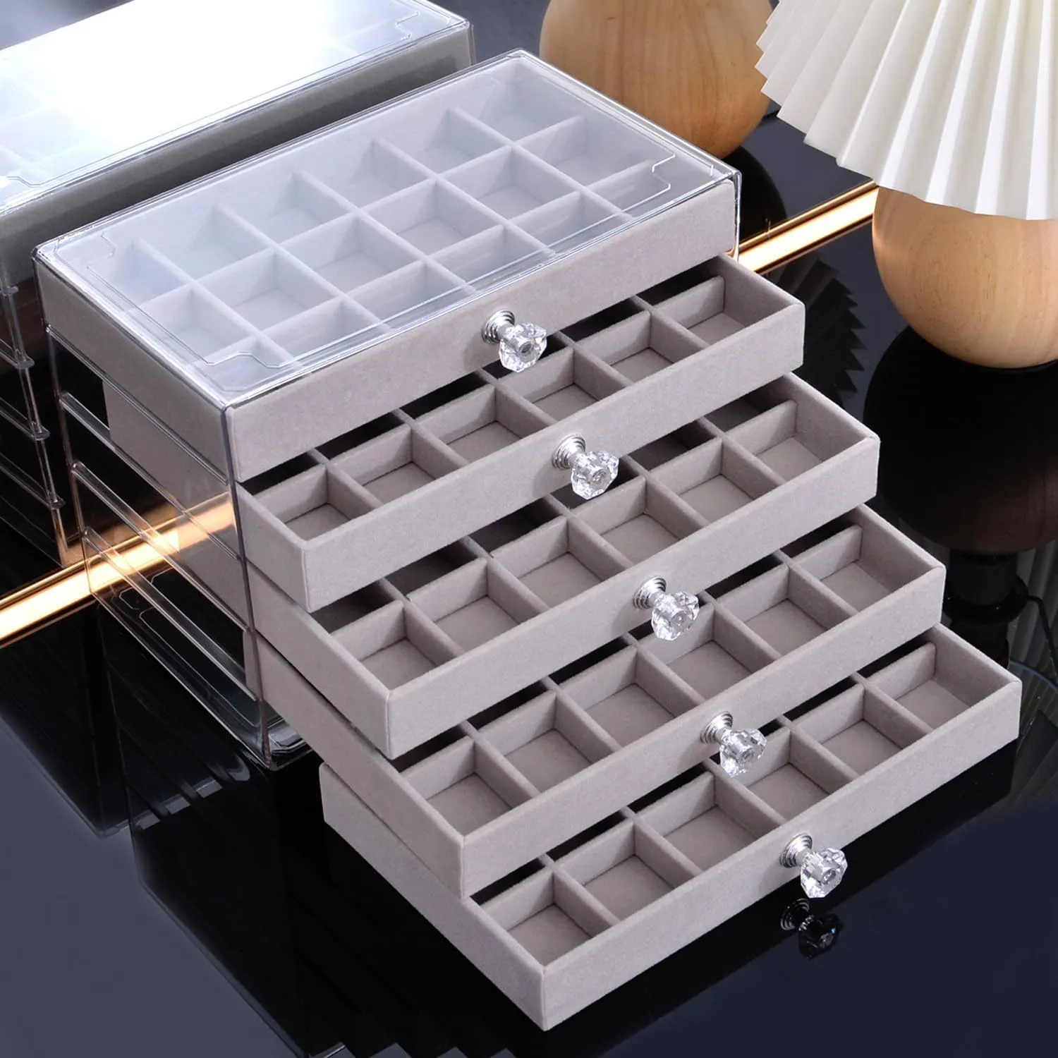 Earring Box Holder Organizer Display Case, Clear Velvet Jewelry Storage Tray Organizer for Earring Ring Stud (Grey - 5 Drawers)