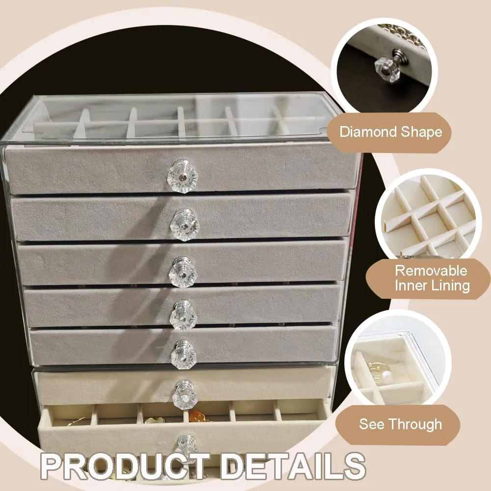Earring Box Holder Organizer Display Case, Clear Velvet Jewelry Storage Tray Organizer for Earring Ring Stud (Grey - 5 Drawers)