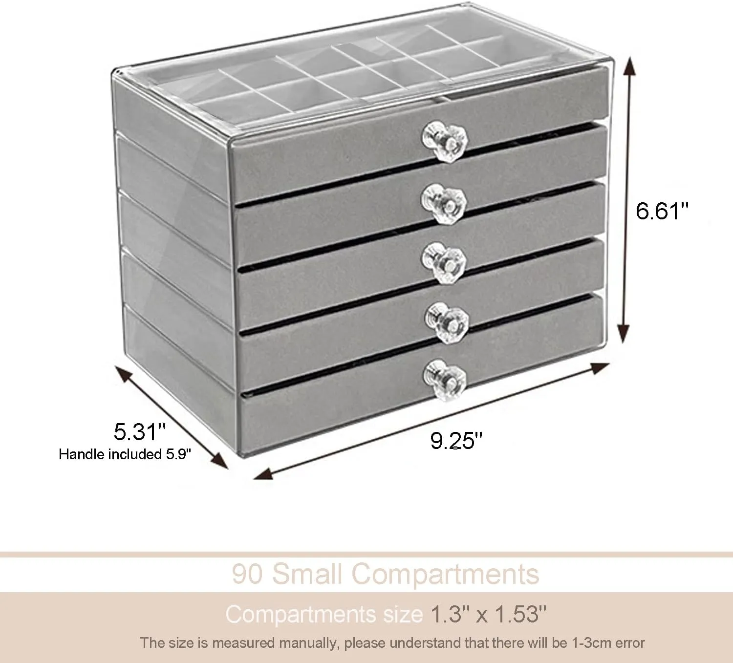 Earring Box Holder Organizer Display Case, Clear Velvet Jewelry Storage Tray Organizer for Earring Ring Stud (Grey - 5 Drawers)