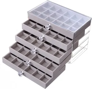 Earring Box Holder Organizer Display Case, Clear Velvet Jewelry Storage Tray Organizer for Earring Ring Stud (Grey - 5 Drawers)