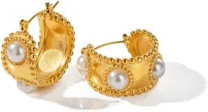 Earrings 18K Gold Plated Statement Trendy Chunky Hoop Embelished with Pearl Like Accent Nickel Free For Sensitive Ears Hypoallergenic with Jewelry Gift Box for Woman Him Her