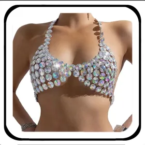 Easedaily Sparkly Rhinestone Bra Body Chain Silver Crystal Halter Chest Chains Top Nightclub Bikini Bra Tops Jewelry for Women