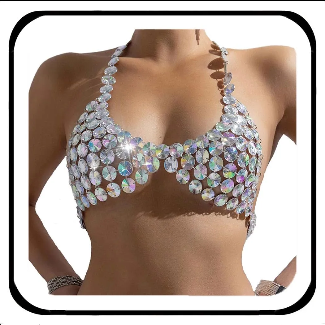 Easedaily Sparkly Rhinestone Bra Body Chain Silver Crystal Halter Chest Chains Top Nightclub Bikini Bra Tops Jewelry for Women