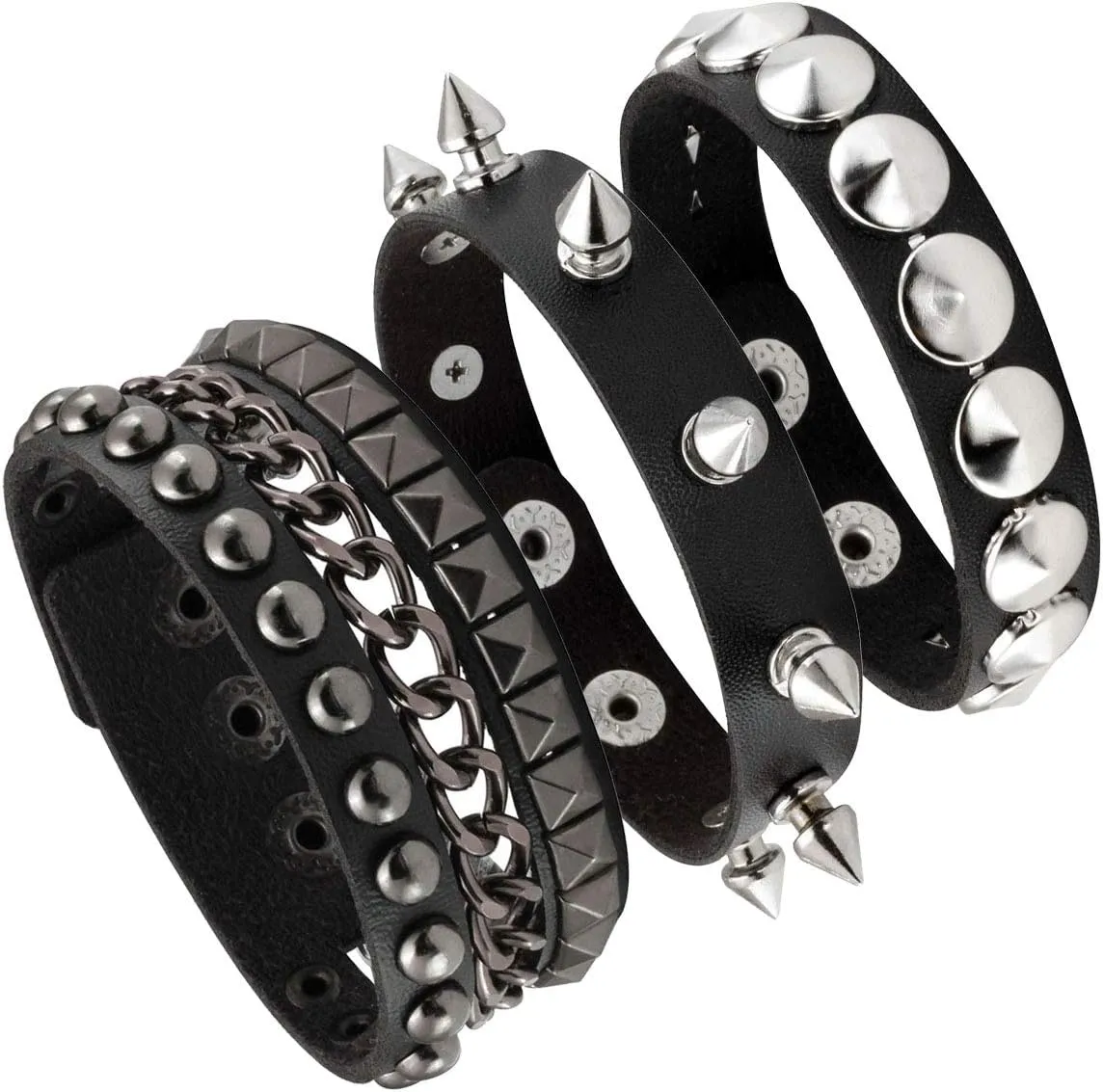 Eigso 3 Pcs Leather Punk Bracelets for Men Women of Rock Rivet Wrap Retro Spike Bracelet Adjustable