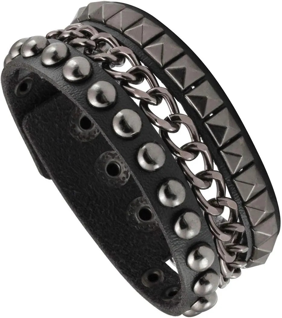 Eigso 3 Pcs Leather Punk Bracelets for Men Women of Rock Rivet Wrap Retro Spike Bracelet Adjustable