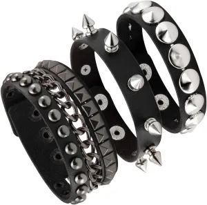 Eigso 3 Pcs Leather Punk Bracelets for Men Women of Rock Rivet Wrap Retro Spike Bracelet Adjustable