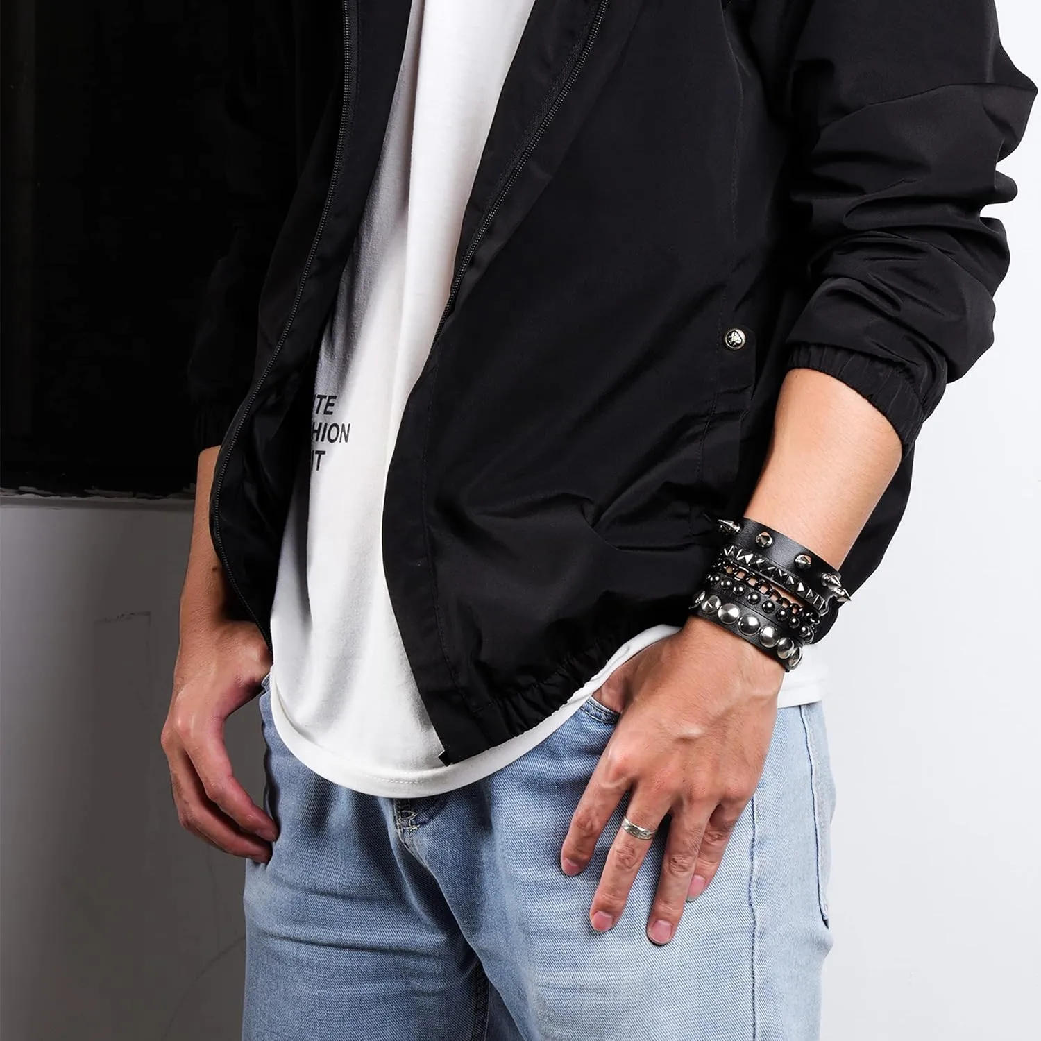 Eigso 3 Pcs Leather Punk Bracelets for Men Women of Rock Rivet Wrap Retro Spike Bracelet Adjustable