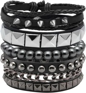 Eigso 4 Pcs Punk Leather Rock Studded Bracelets for Men Women Retro Classic Spiked Metal Cuff Bracelet Set for Man Woman