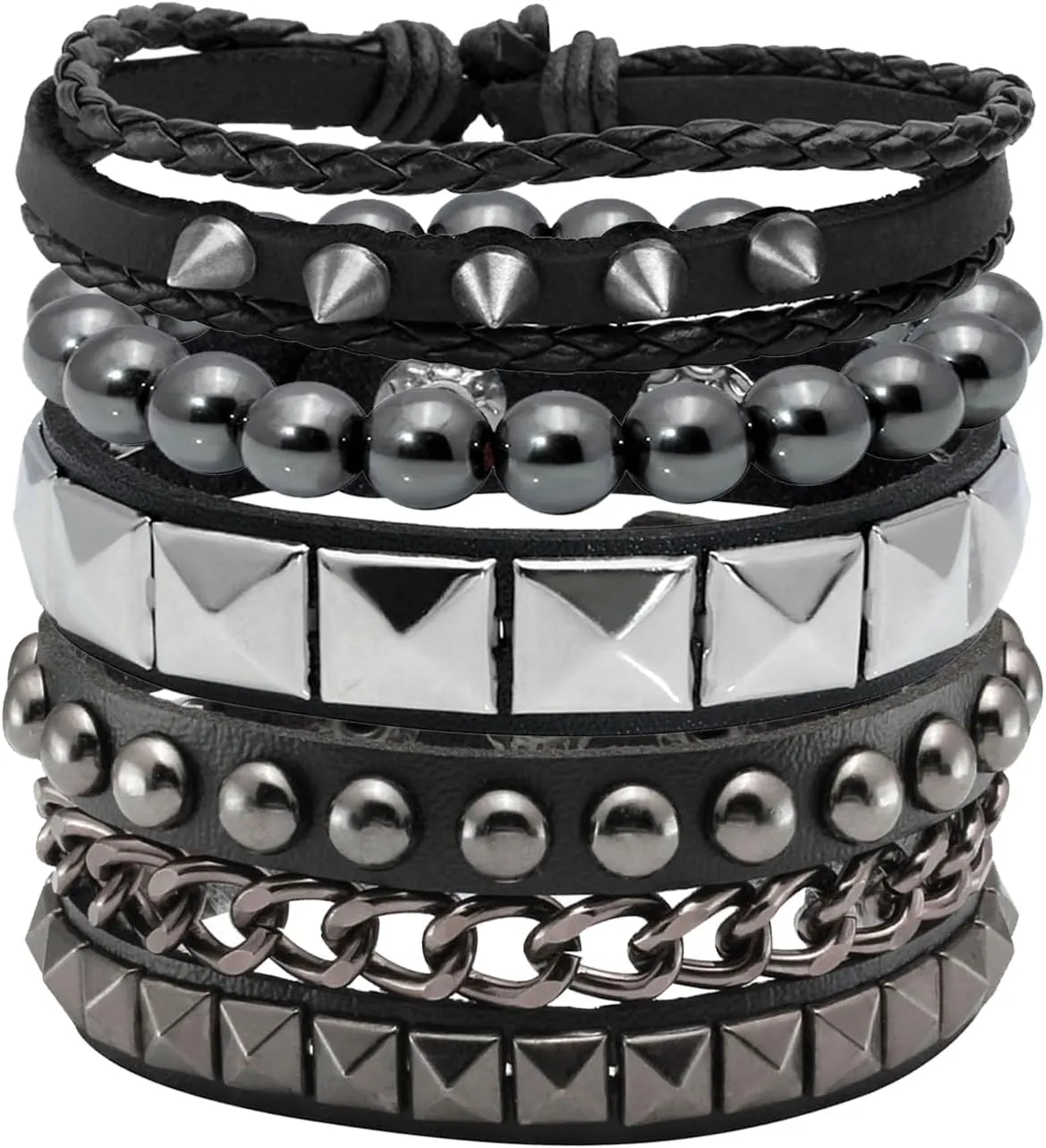 Eigso 4 Pcs Punk Leather Rock Studded Bracelets for Men Women Retro Classic Spiked Metal Cuff Bracelet Set for Man Woman